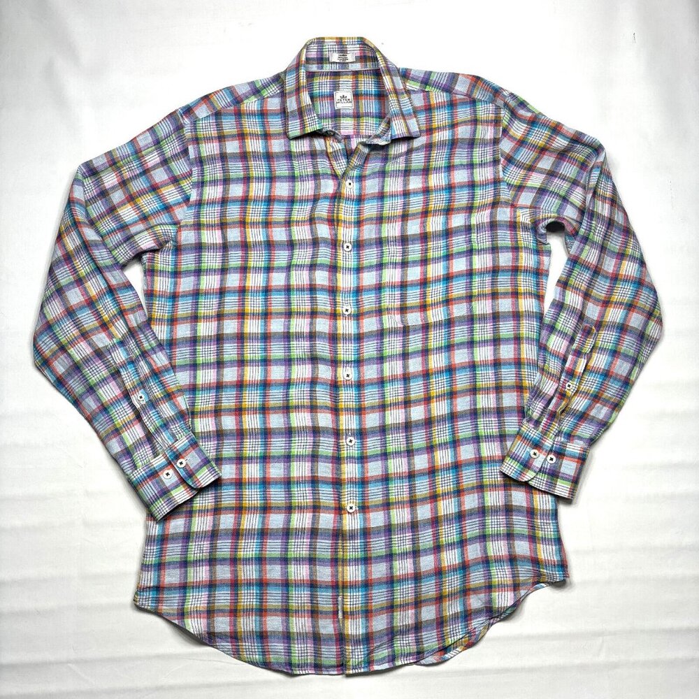 Peter Millar Mens M Multi Color Plaid 100% Linen Long Sleeve Button Casual Shirt